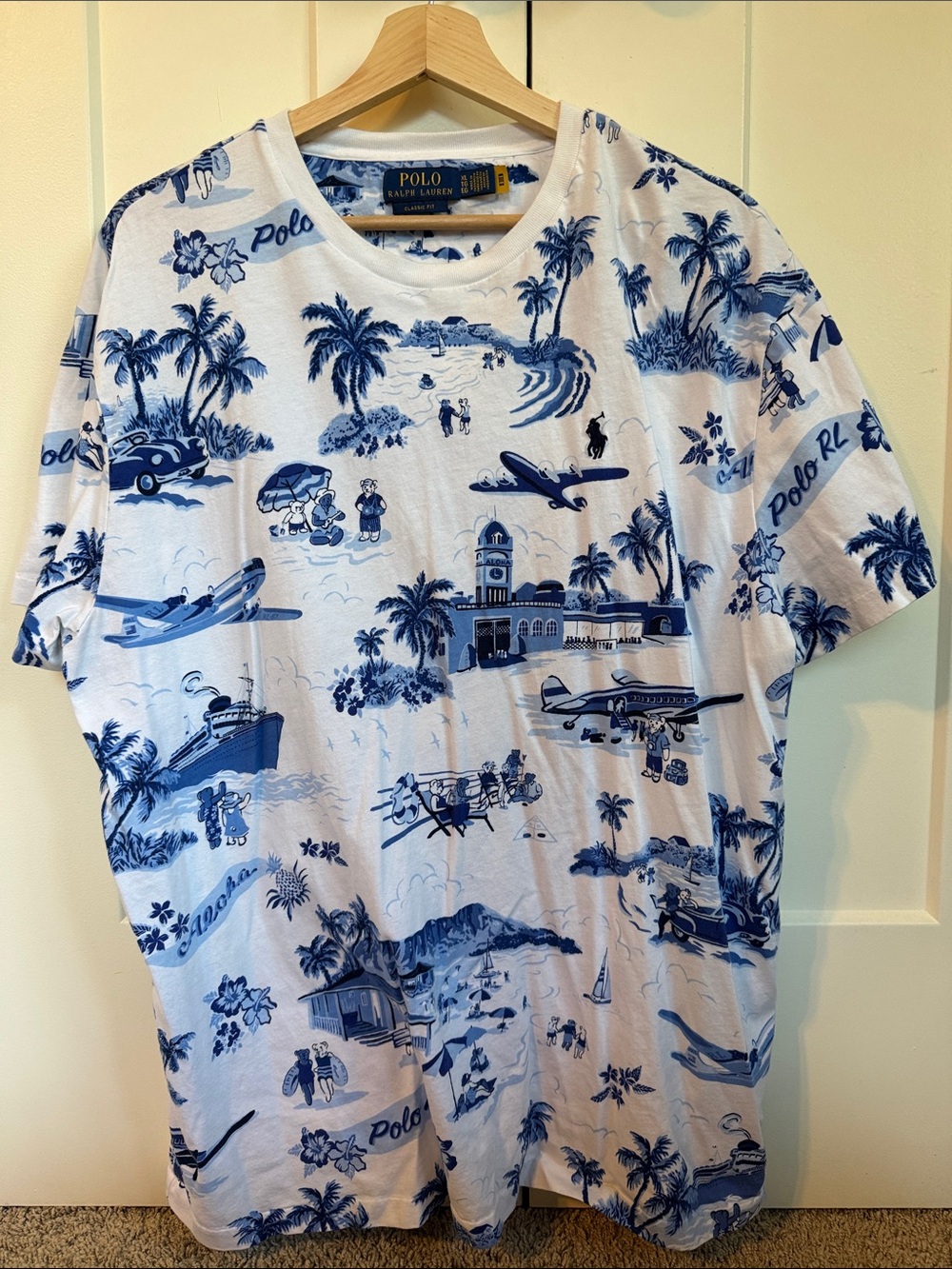 Ralph Lauren Polo Bear White Short-Sleeve Shirt with Blue Tropical Print